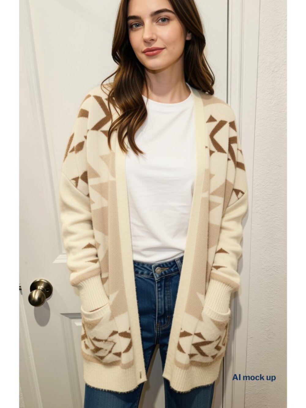 Jessica Simpson Tan Aztec Print Open Front Duster Cardigan Size L